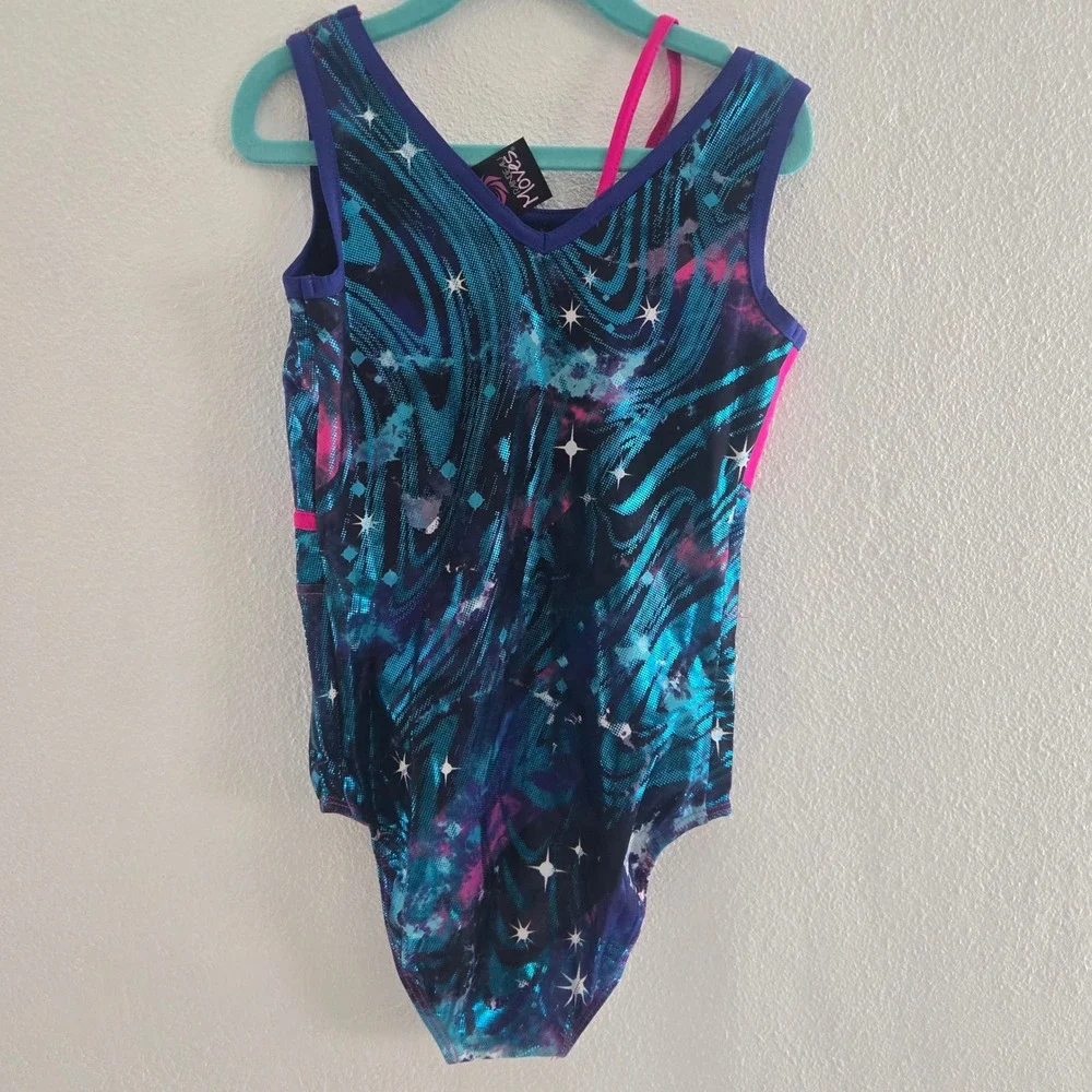 NWT Rainbeau Moves Girls Galaxy Metallic‎ Gymnastics Leotard Pink Blue Small